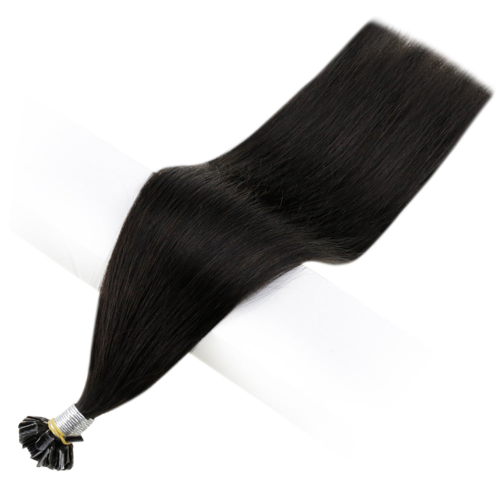 Fusion Nail U Tip Human Hair Extensions Brazilian Keratin Beads Off Black Hair (#1B)