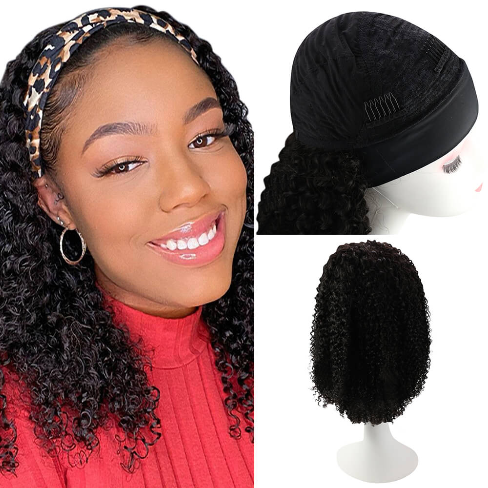 Fshine Kinky Curly Headband Wigs for Women #1B