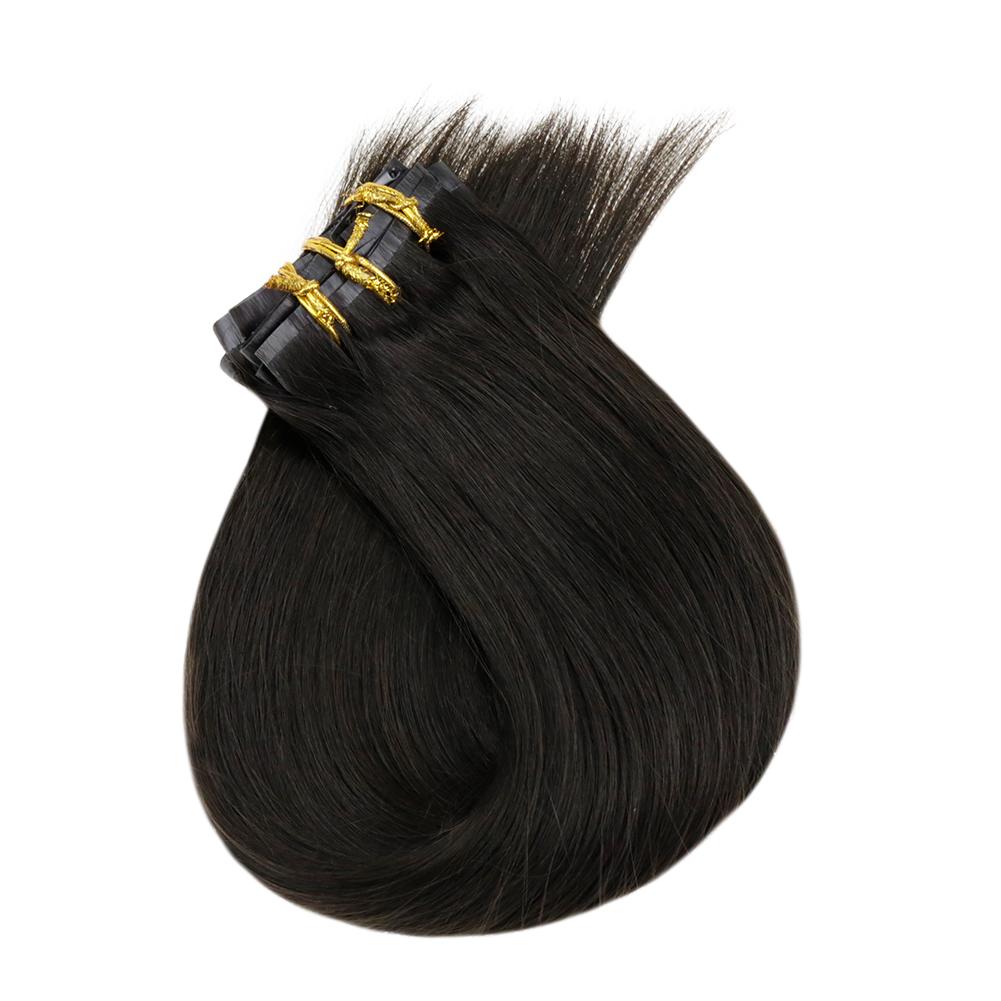 Fshine Pu Seamless Clip in Extensions 100% Human Hair Off Black #1B