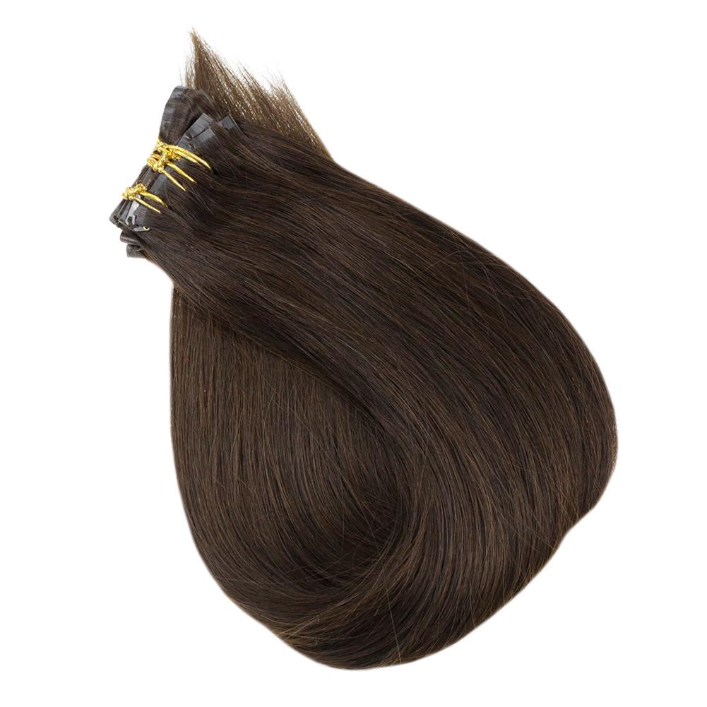 Fshine Pu Seamless Clip in Extensions 100% Human Hair Darkest Brown #2