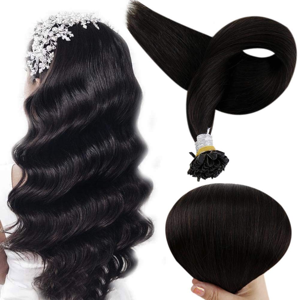 Fusion Nail U Tip Human Hair Extensions Brazilian Keratin Beads Off Black Hair (#1B)