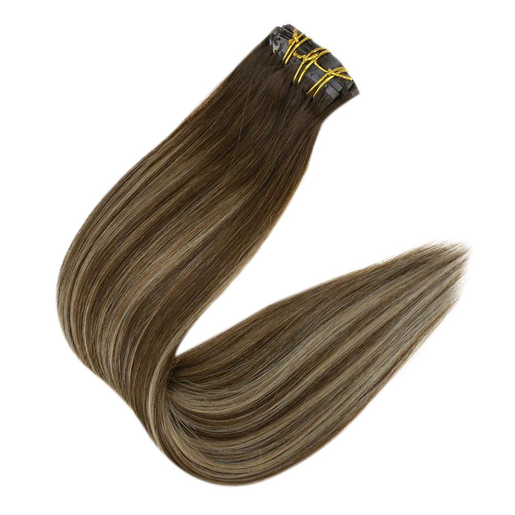 Fshine Pu Seamless Clip in Extensions Human Hair Balayage Highlights #4/27/4