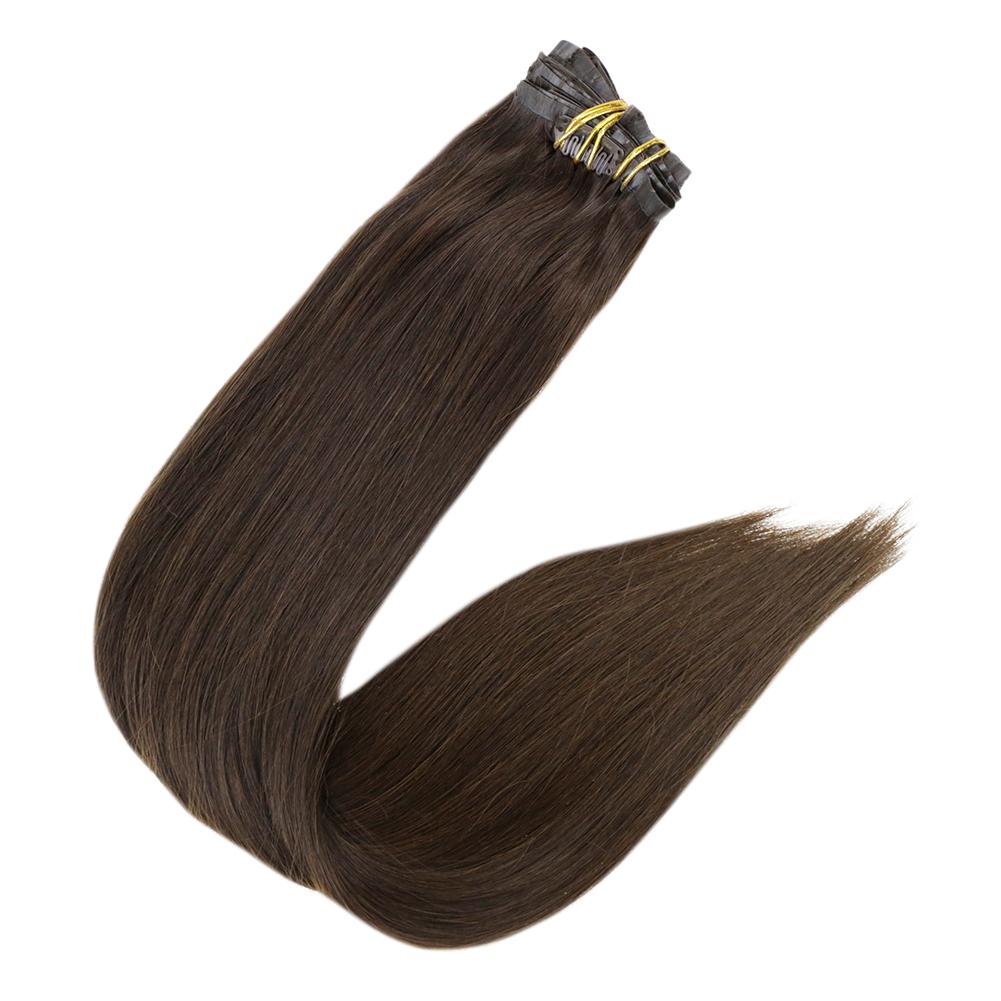 Fshine Pu Seamless Clip in Extensions 100% Human Hair Darkest Brown #2