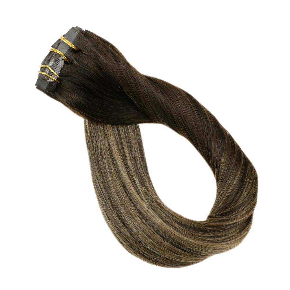 Fshine Pu Seamless Clip in Extensions 100% Human Hair Balayage Highlights #2/8/2