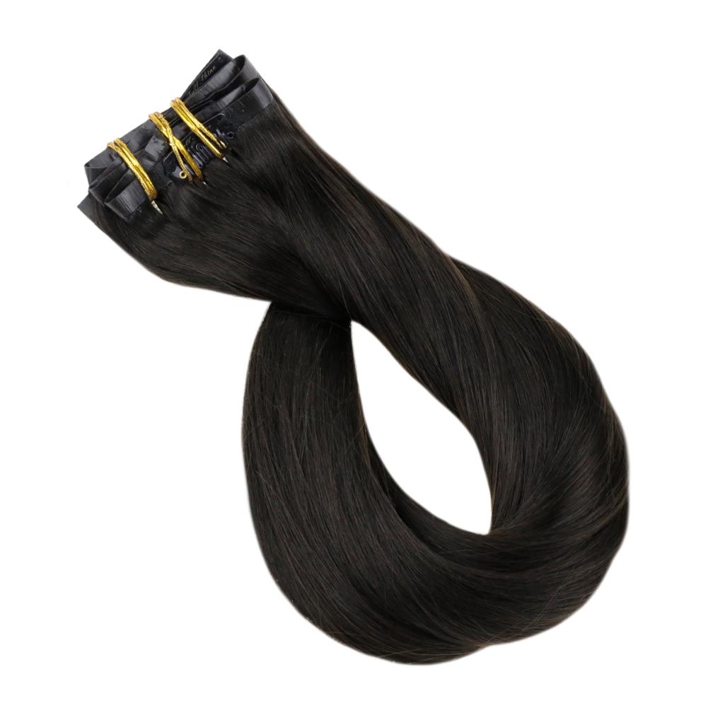 Fshine Pu Seamless Clip in Extensions 100% Human Hair Off Black #1B