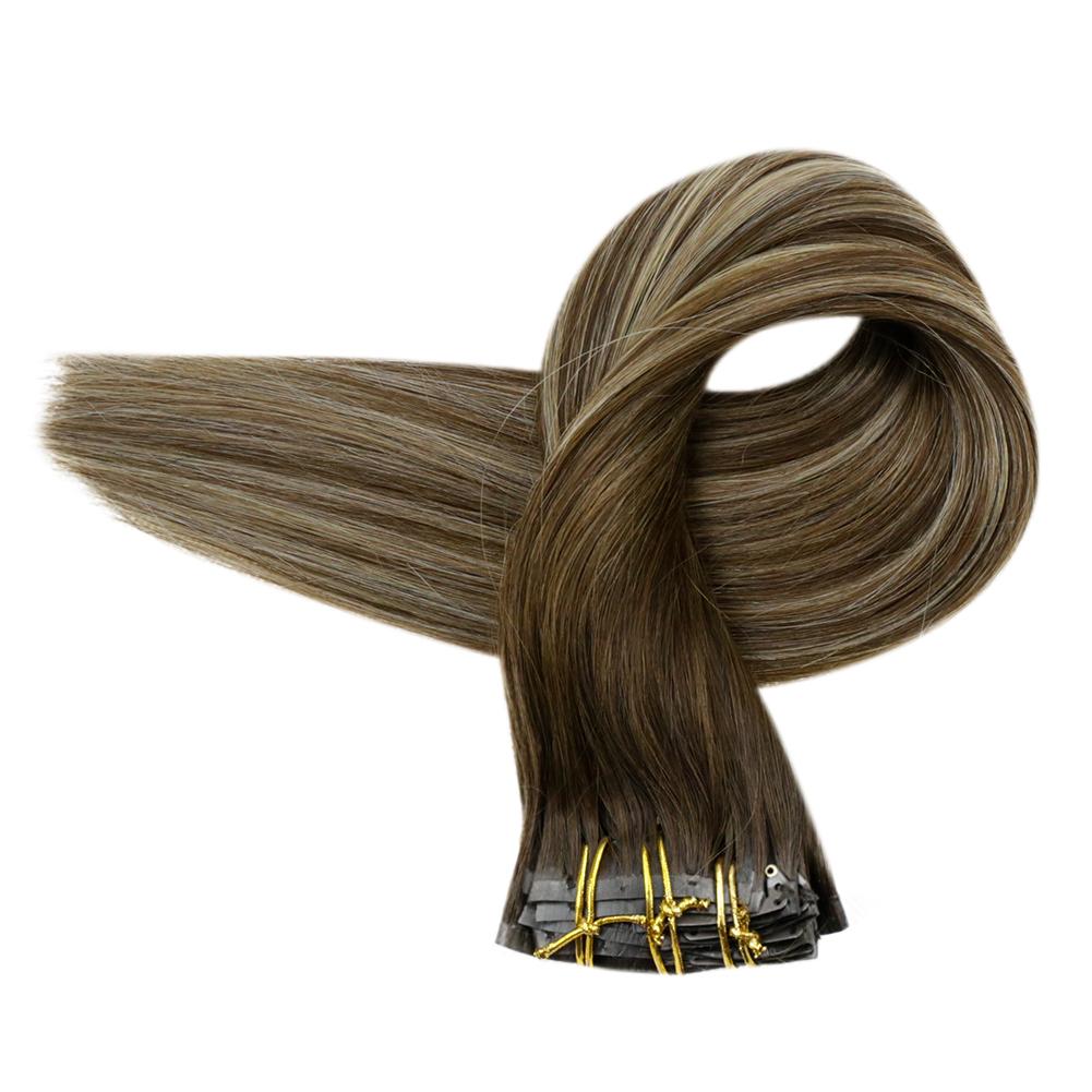 Fshine Pu Seamless Clip in Extensions Human Hair Balayage Highlights #4/27/4