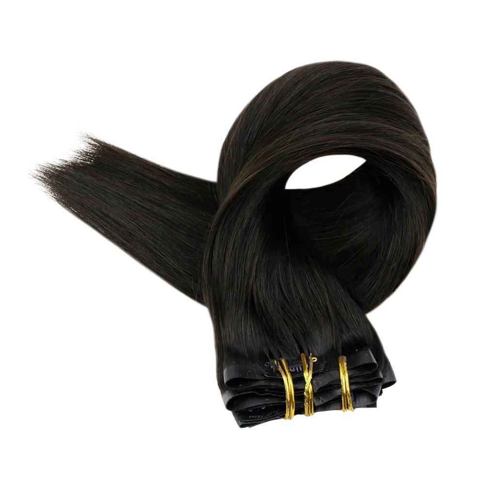 Fshine Pu Seamless Clip in Extensions 100% Human Hair Off Black #1B