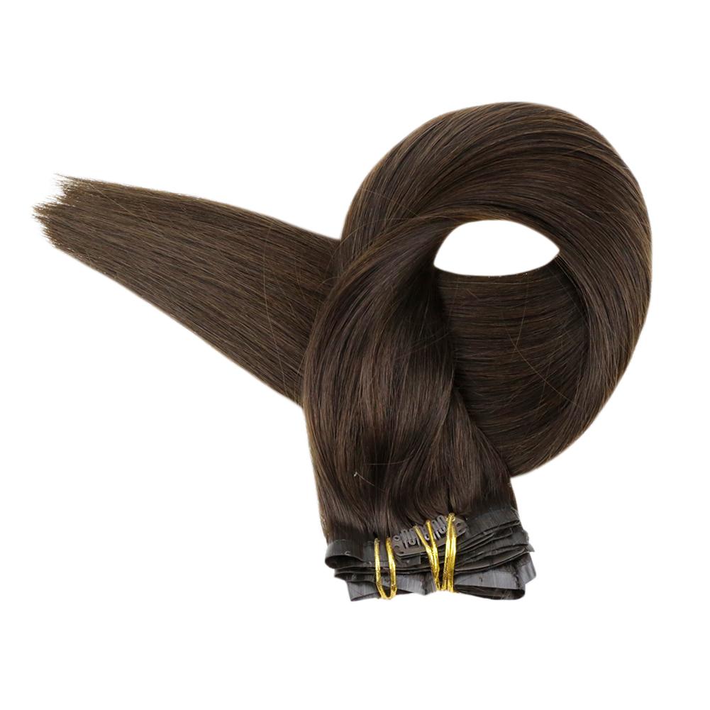 Fshine Pu Seamless Clip in Extensions 100% Human Hair Darkest Brown #2