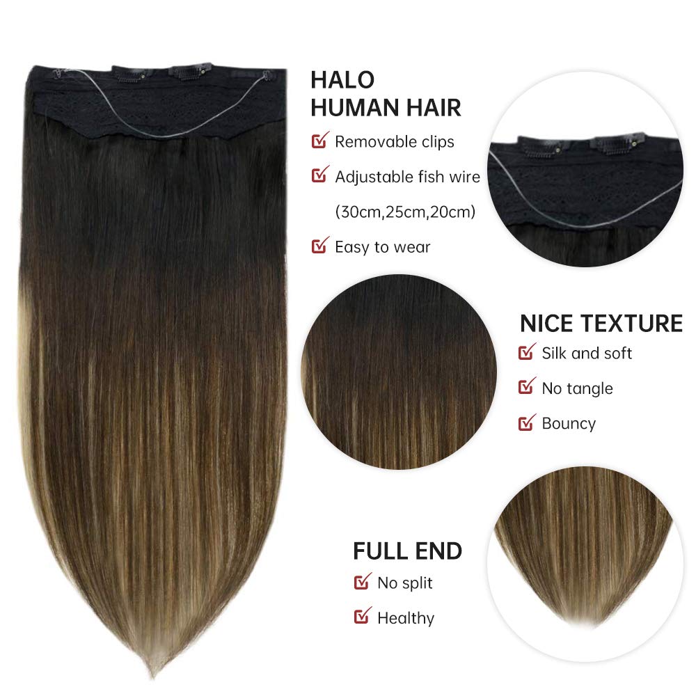 Fshine Halo Hair Extensions 100% Human Hair Invisible Wire Balayage #1b/6/27