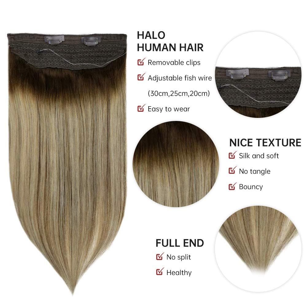Fshine Halo Hair Extensions 100% Human Hair Balayage Highlights #4/24/4
