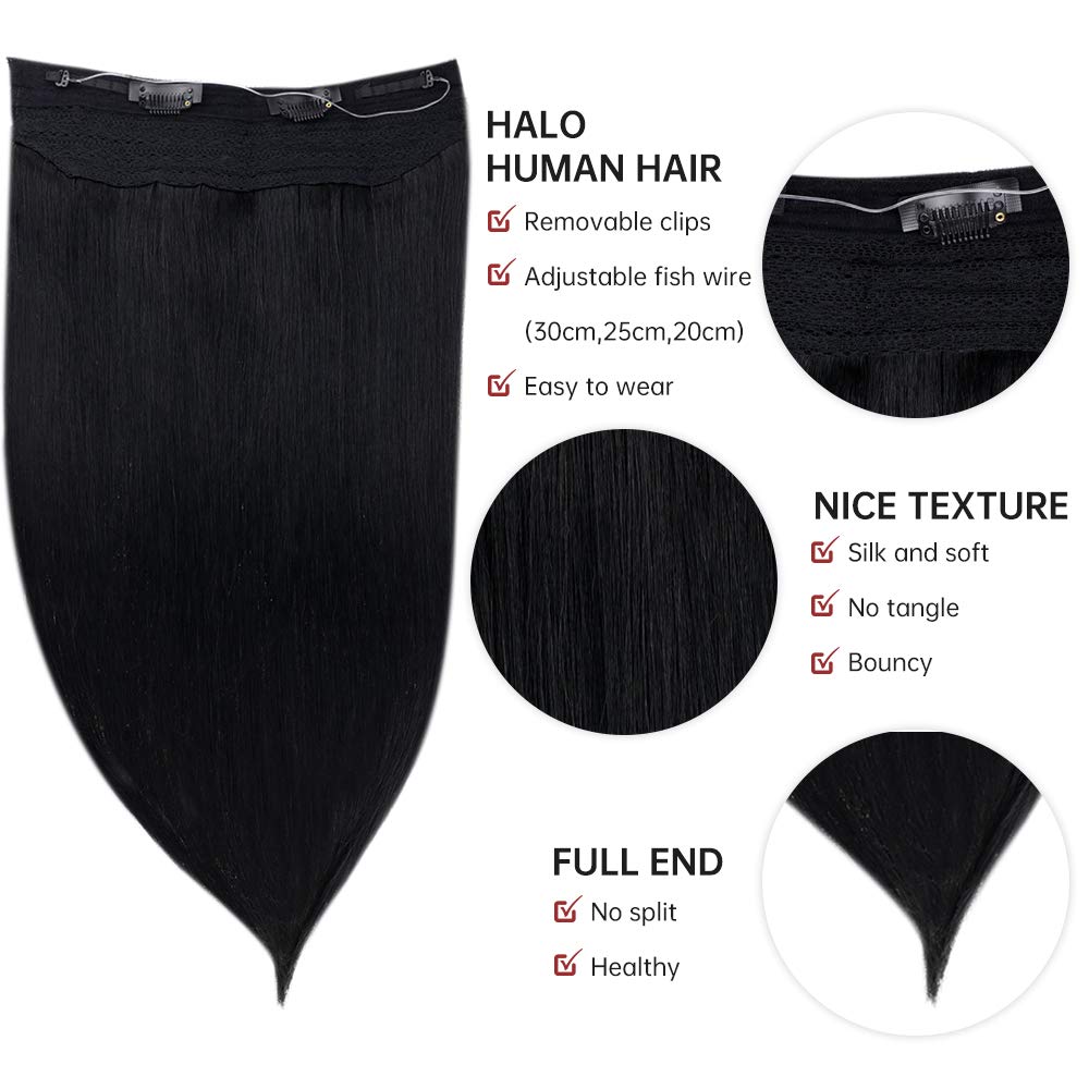 Fshine Halo Hair Extensions 100% Human Hair Invisible Jet Black #1