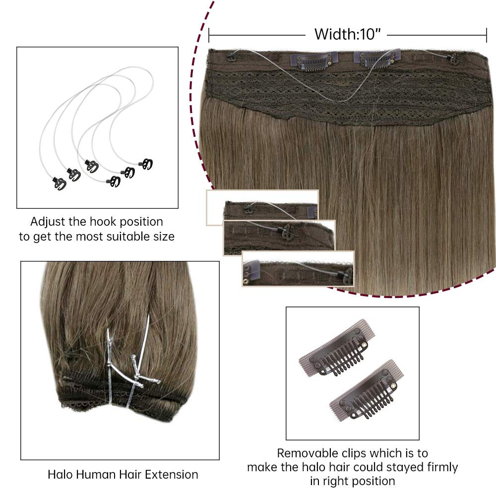 Fshine Halo Hair Extensions 100% Human Hair Invisible Wire Balayage #8/60/18
