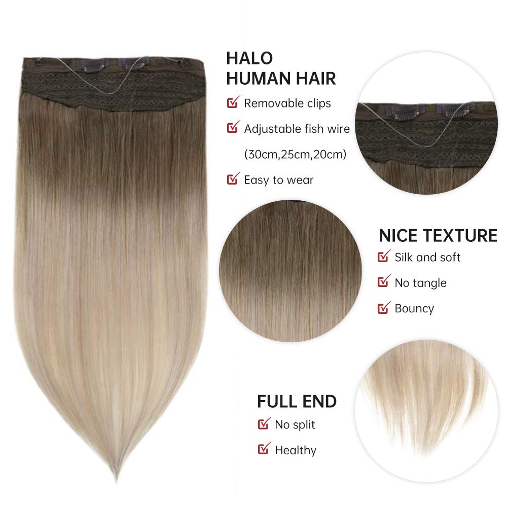 Fshine Halo Hair Extensions 100% Human Hair Invisible Wire Balayage #8/60/18