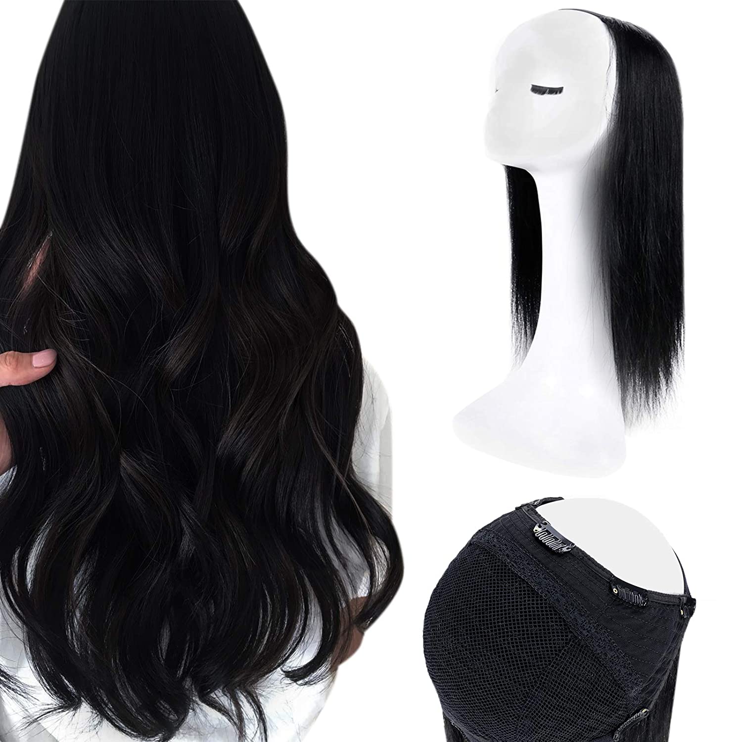 U Part Wig Real Hair Clip In Full Head One Piece Straight Extensions Color #1 Jet Black