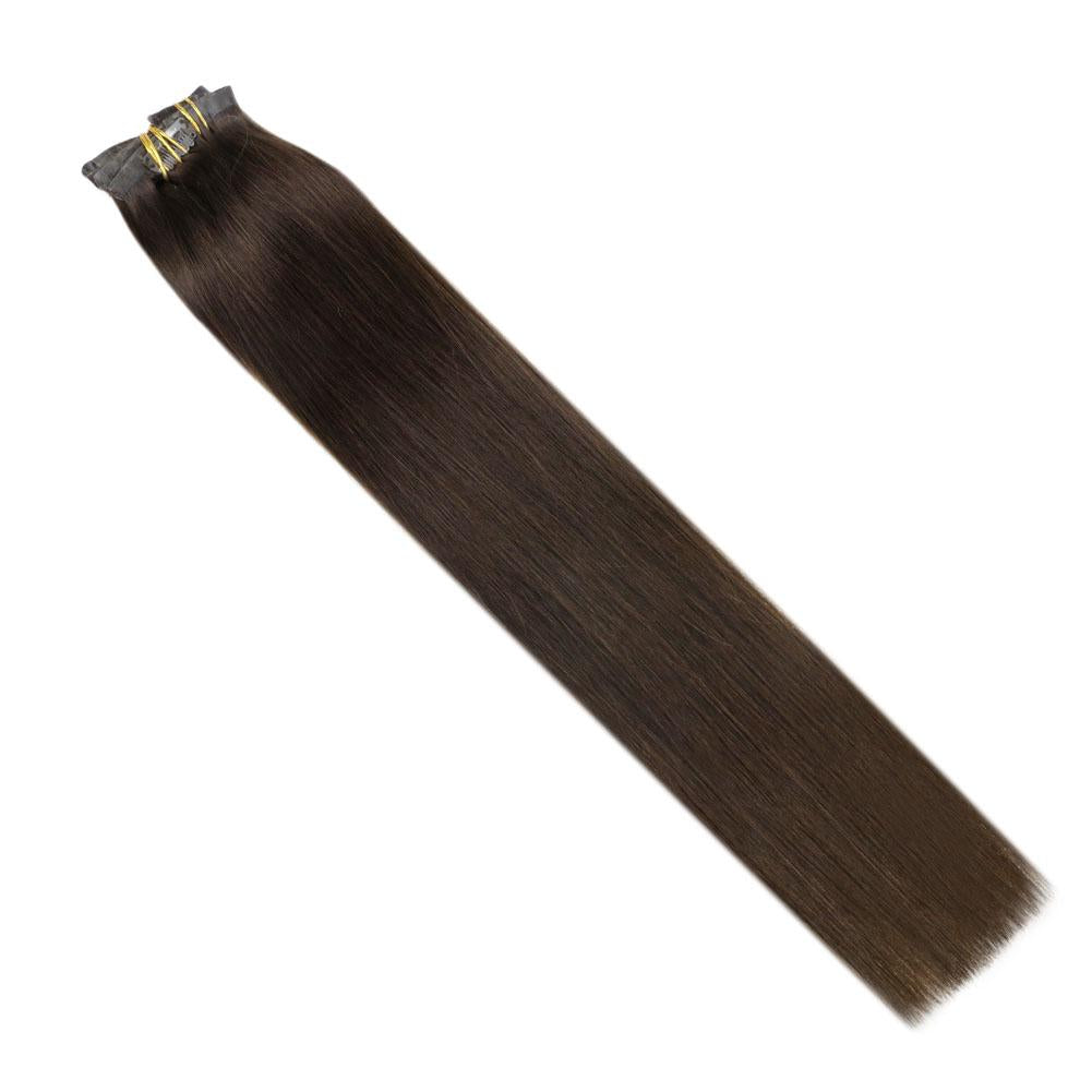 Fshine Pu Seamless Clip in Extensions 100% Human Hair Darkest Brown #2