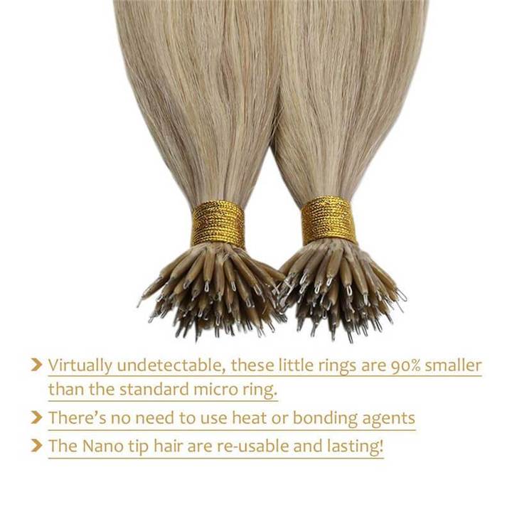 Nano Ring Human Hair Extensions Ash Blonde Highlight Bleach Blonde #18P/613