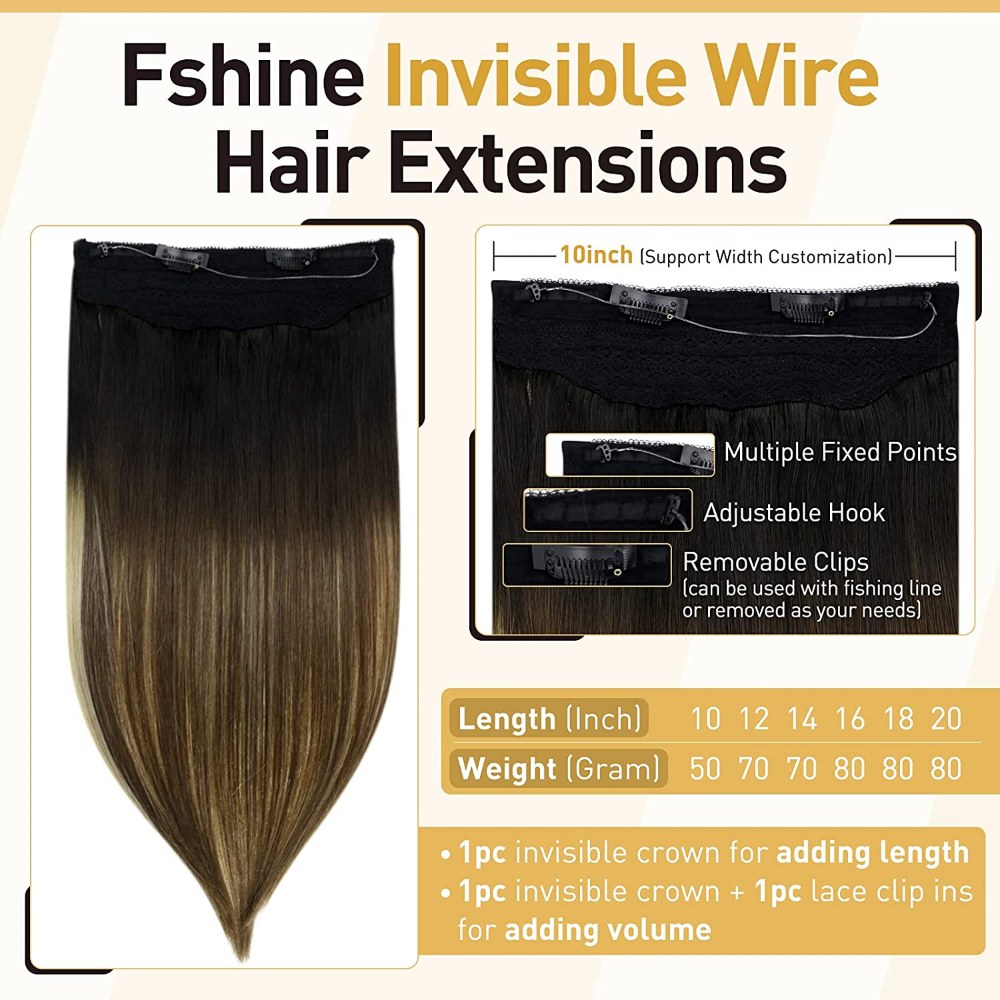 Fshine Halo Hair Extensions 100% Human Hair Invisible Wire Balayage #1b/6/27