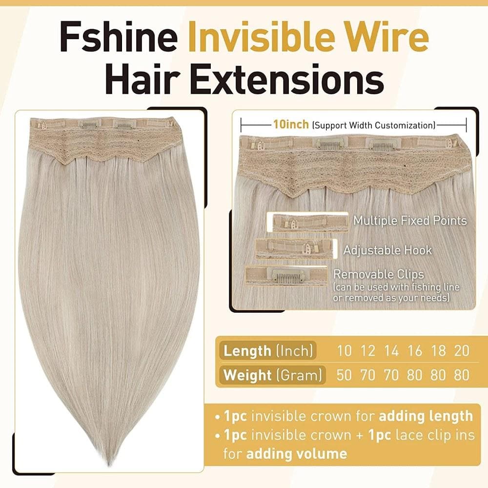 Fshine Halo Hair Extensions 100% Human Hair Invisible Ice Blonde #1000