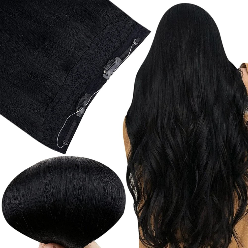 Fshine Halo Hair Extensions 100% Human Hair Invisible Jet Black #1