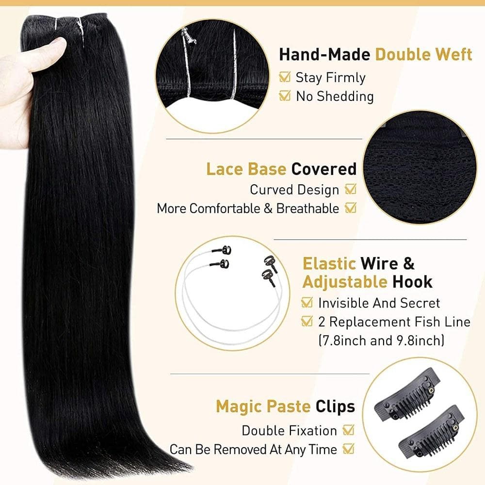Fshine Halo Hair Extensions 100% Human Hair Invisible Jet Black #1