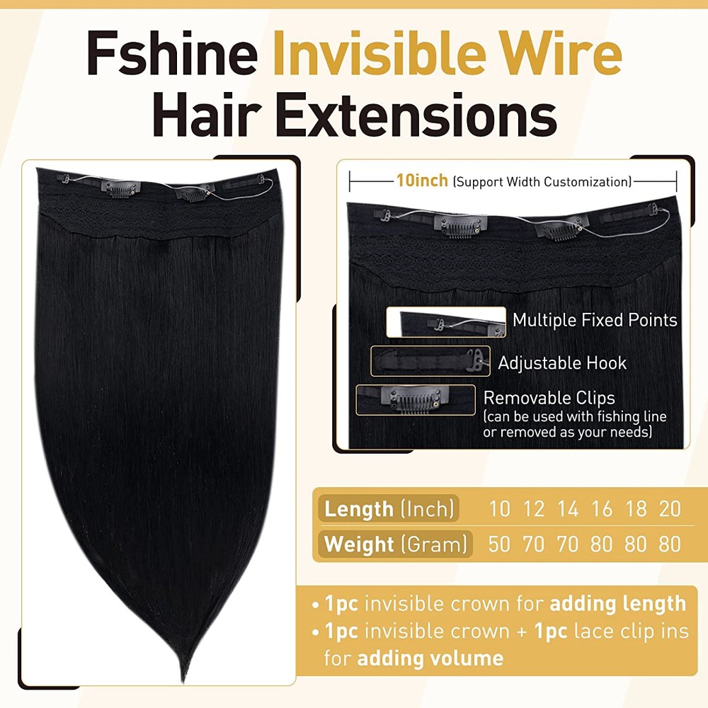 Fshine Halo Hair Extensions 100% Human Hair Invisible Jet Black #1