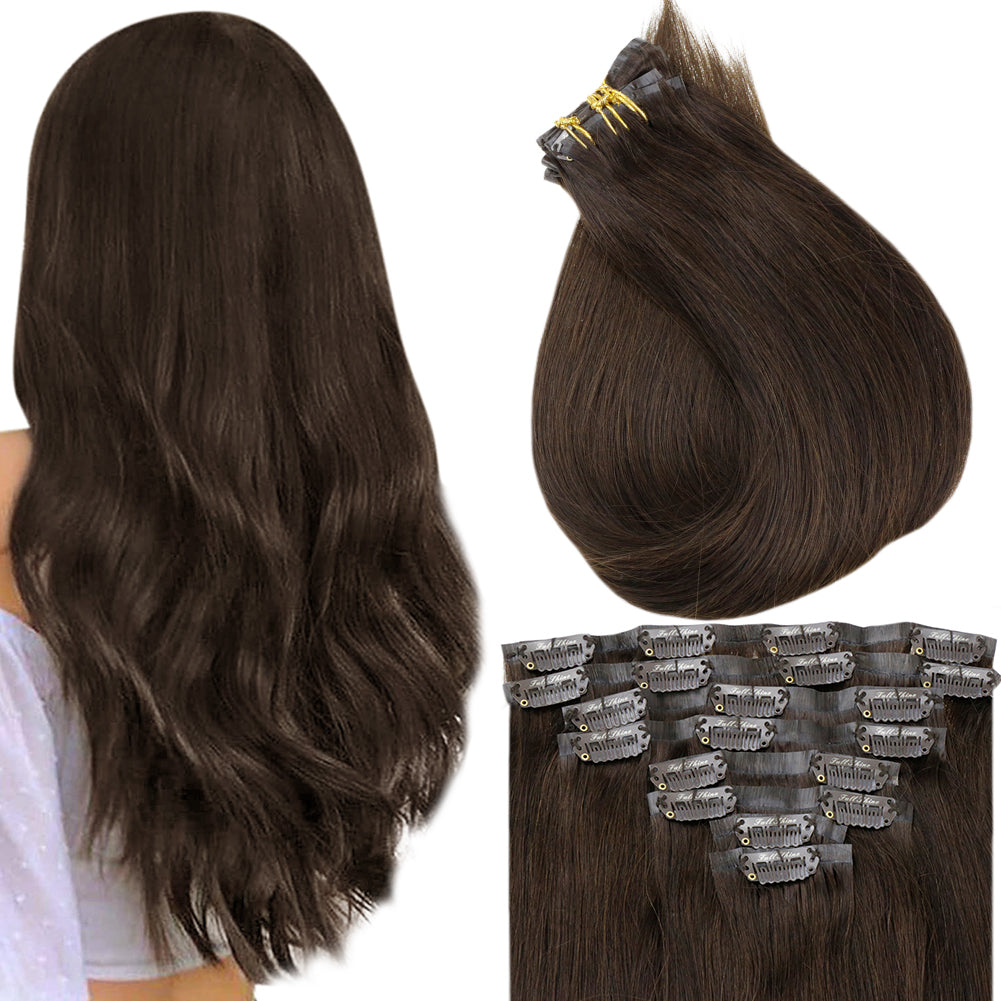 Fshine Pu Seamless Clip in Extensions 100% Human Hair Darkest Brown #2