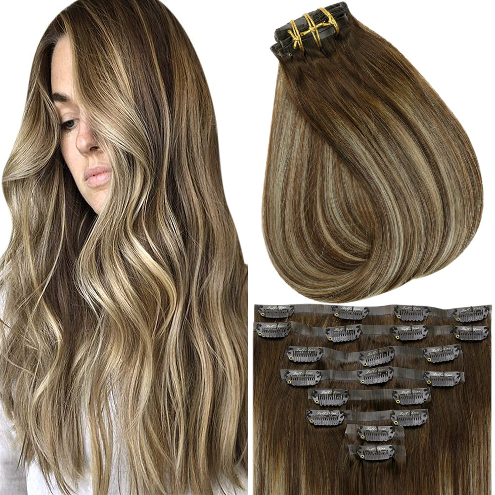 Fshine Pu Seamless Clip in Extensions Human Hair Balayage Highlights #4/27/4