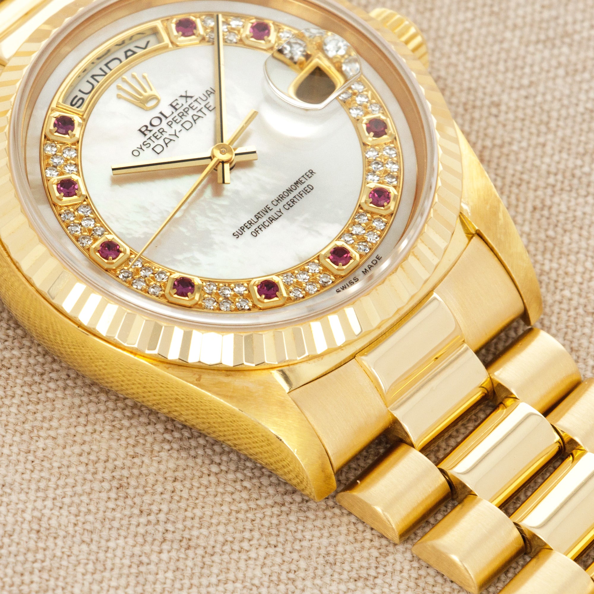 Rolex Yellow Gold Day-Date Watch Ref. 18238 with Mother of Pearl and Ruby Dial