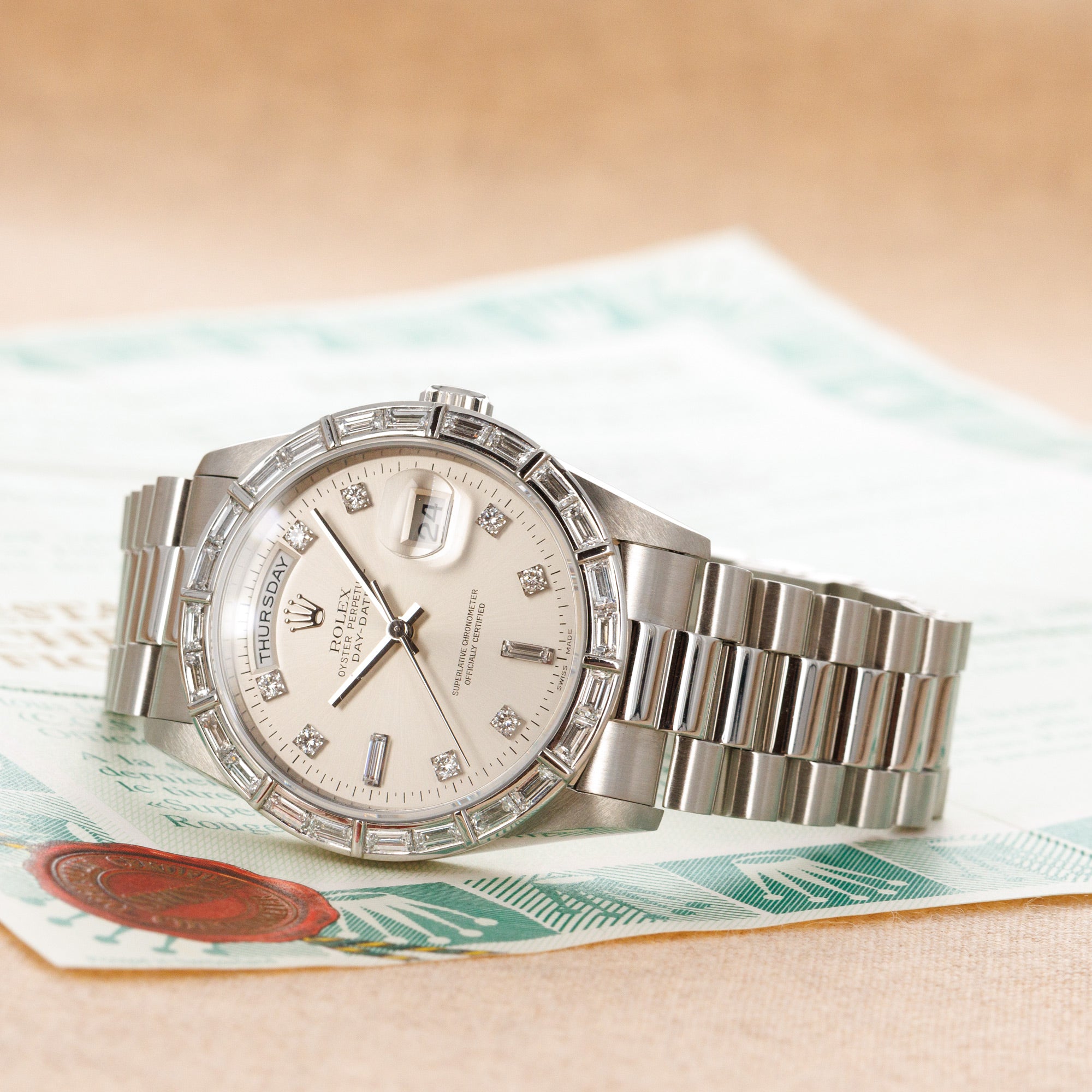 Rolex Platinum Day-Date Baguette Diamond Watch Ref. 18366 with Bucherer Warranty