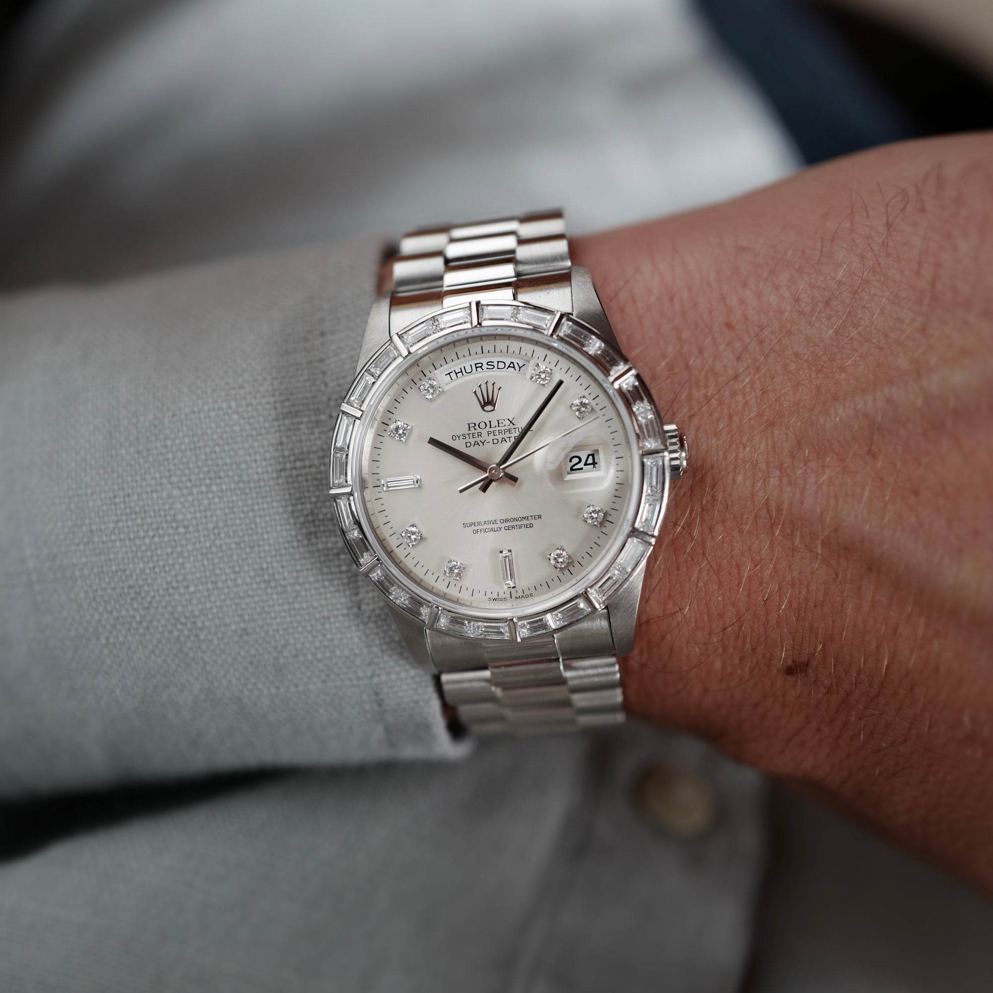 Rolex Platinum Day-Date Baguette Diamond Watch Ref. 18366 with Bucherer Warranty