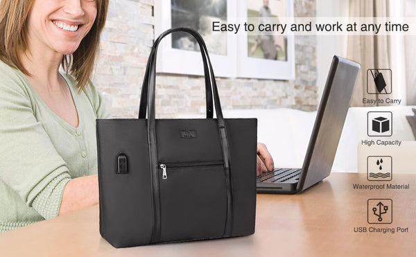  Laptop Tote Bag for Women Teacher Work Office USB Bags Fits  15.6 inches Laptop Lightweight Water Resistant Nylon Tote Bag (Black and  Brown Strap) : Electronics