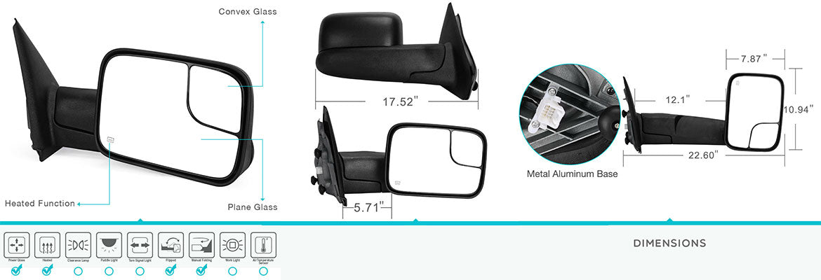 Power Heated Towing Mirror For 2003-2009 Dodge Ram 2500/3500 – Passenger Side, Extendable & Fold-Away