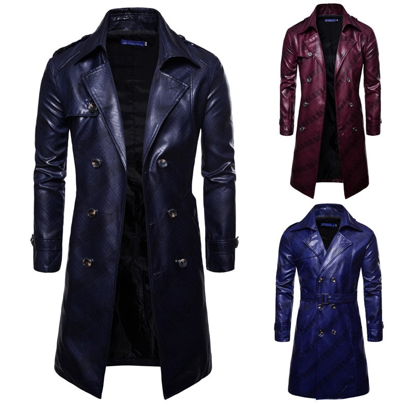 Leather Coat Men Fashion New Arrival Spring Autumn Double-breasted Long Style Trench Coat