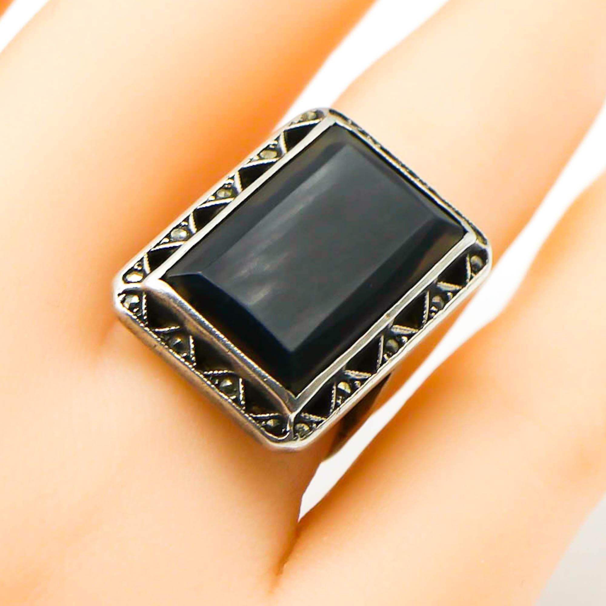 Vintage Black Tourmaline and Marcasite Sterling Silver Ring Size 5