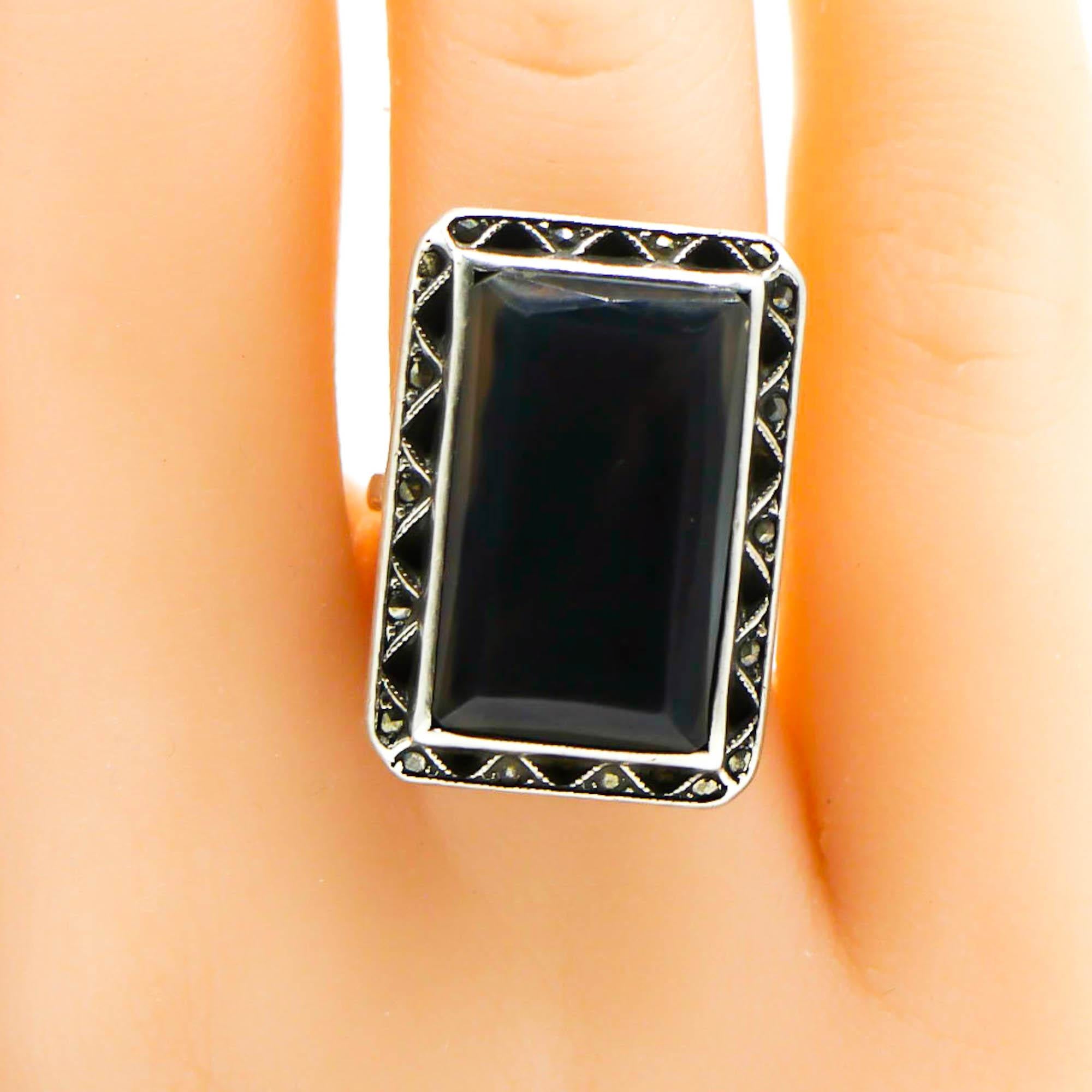 Vintage Black Tourmaline and Marcasite Sterling Silver Ring Size 5