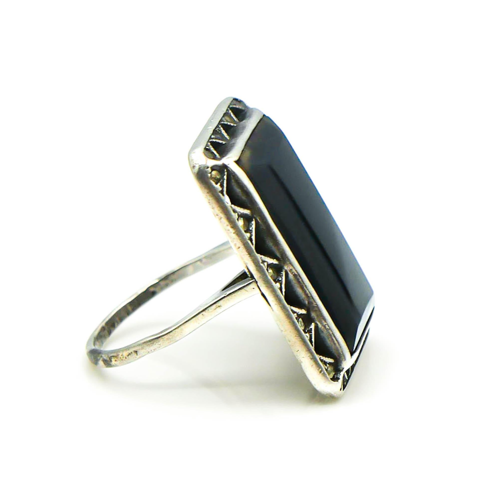 Vintage Black Tourmaline and Marcasite Sterling Silver Ring Size 5