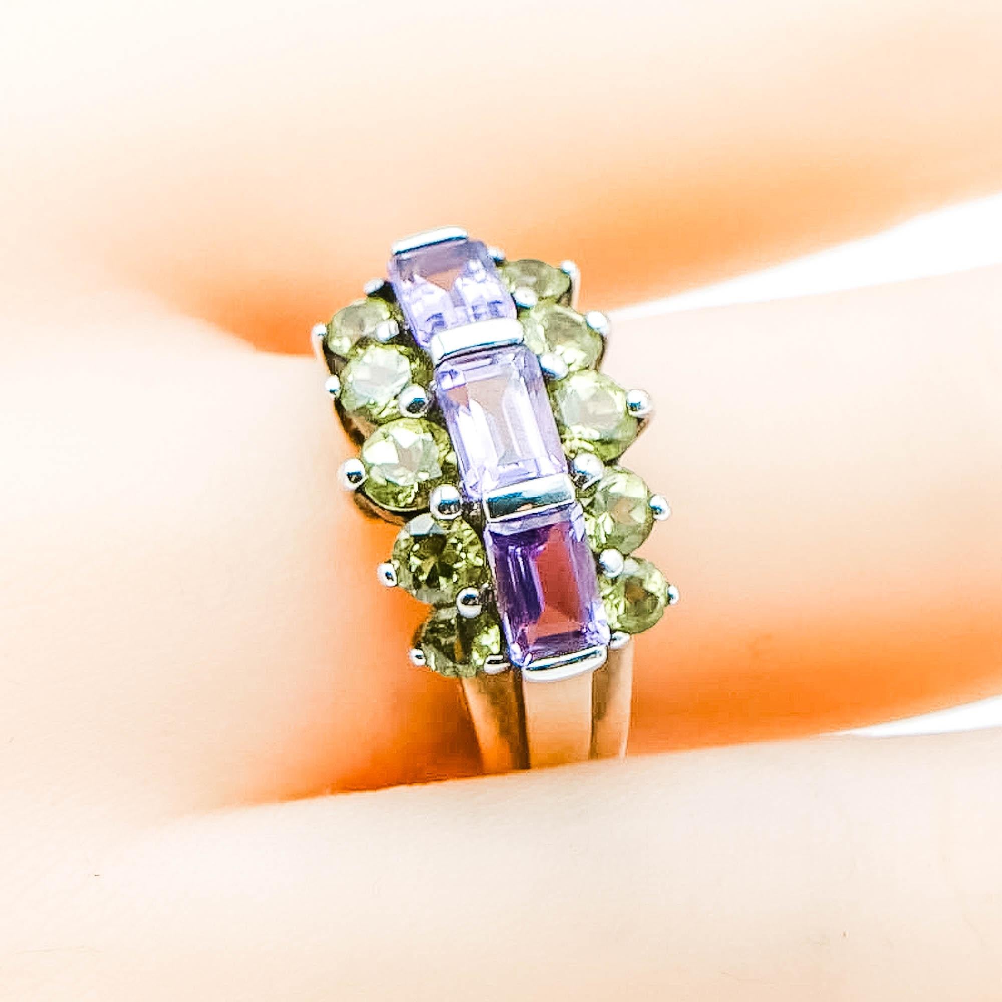 Vintage Amethyst Peridot Sterling Silver Cocktail Ring Size 8.75