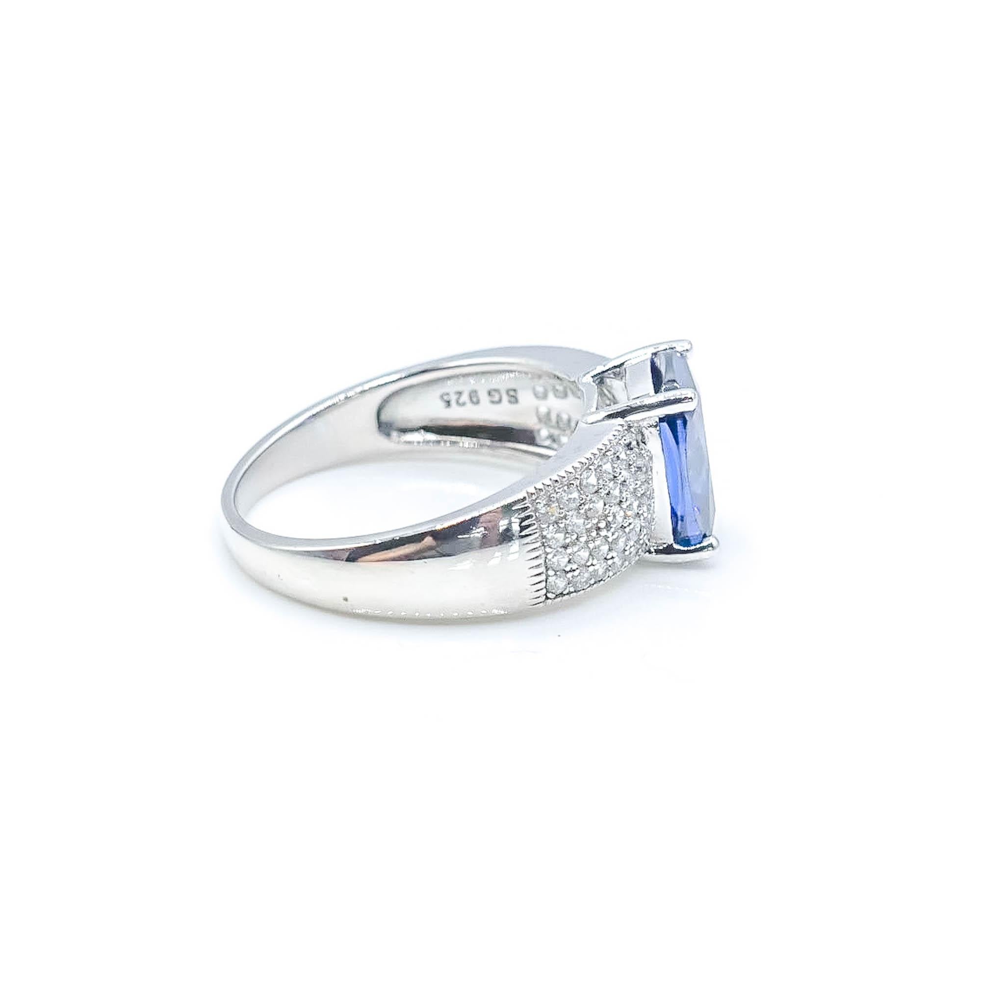 Sterling Silver Blue Iolite And Pave Zirconia Solitaire Ring Size 8