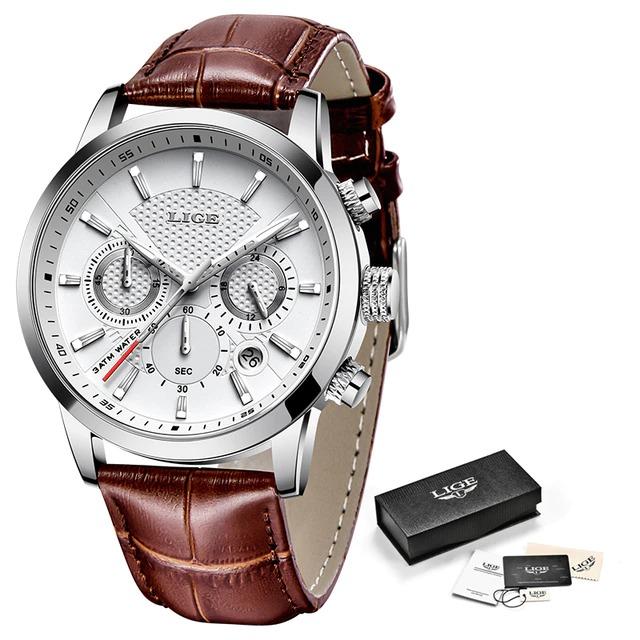 New Mens Watches LIGE Top Brand Leather Chronograph Waterproof Sport Quartz Watch