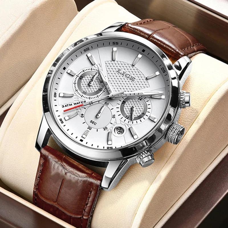 New Mens Watches LIGE Top Brand Leather Chronograph Waterproof Sport Quartz Watch