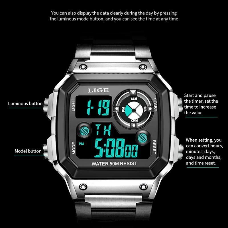 LIGE Brand Men Digital Watch Shock Military Sport Watches Fashion Waterproof