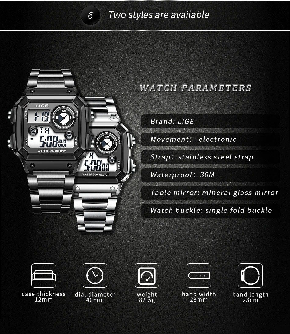 LIGE Brand Men Digital Watch Shock Military Sport Watches Fashion Waterproof
