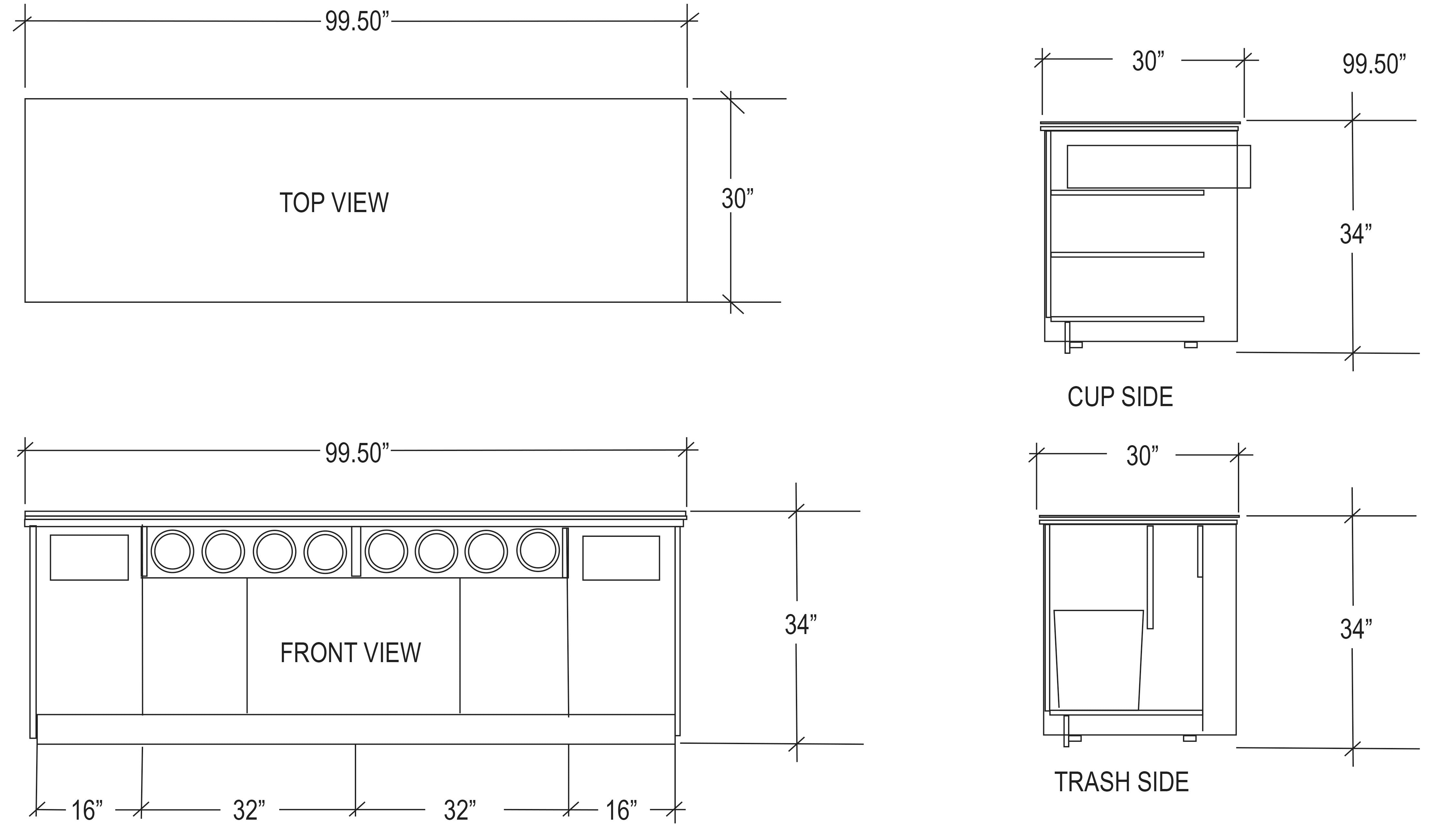 Modular Coffee / Beverage Prep Station ? 8 Cup Dispensers, 2 Trash: 99.5