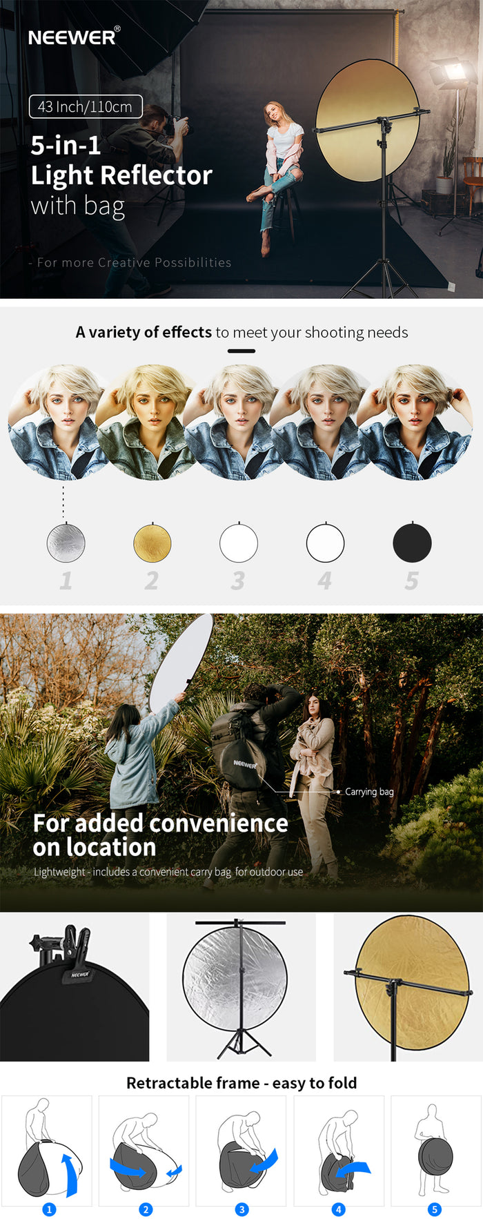 Product overviews of the NEEWER 5-in-1 Light Reflector
