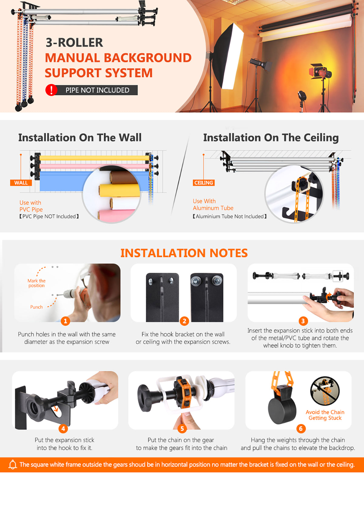 Product overviews of the NEEWER 3-Roller Manual Background Support System