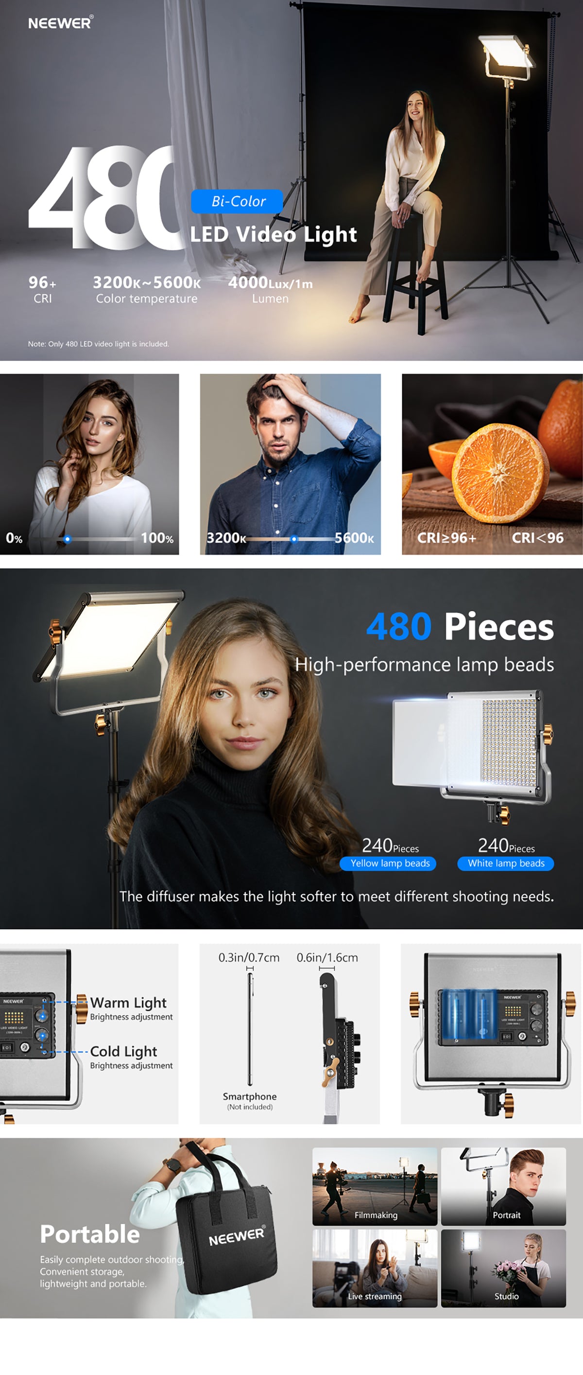NEEWER NL480 Bi-Color LED Panel Light Features and Description