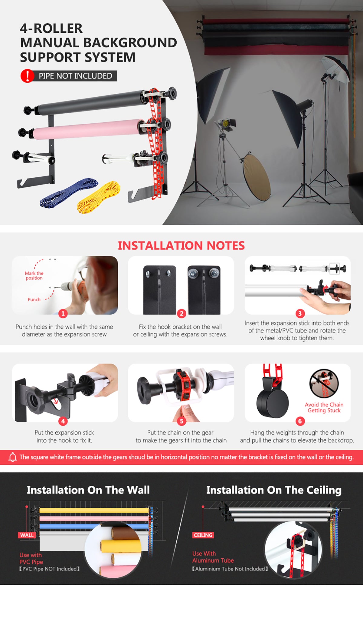 Product overviews of the NEEWER 4-Roller Manual Background Support System