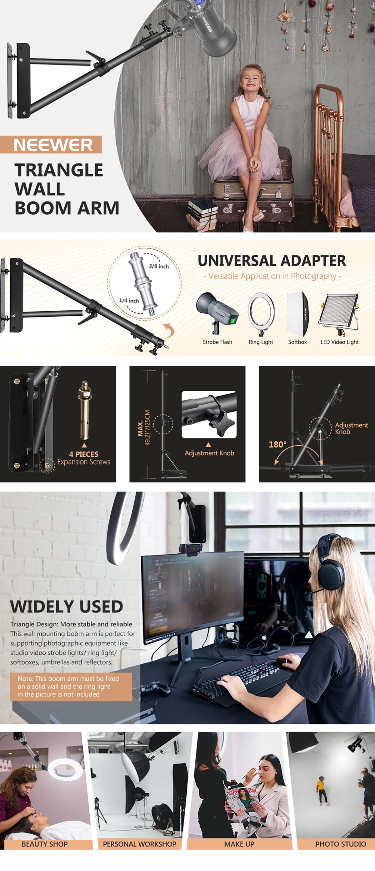 Product overviews of the NEEWER 125 CM Triangle Wall Mounting