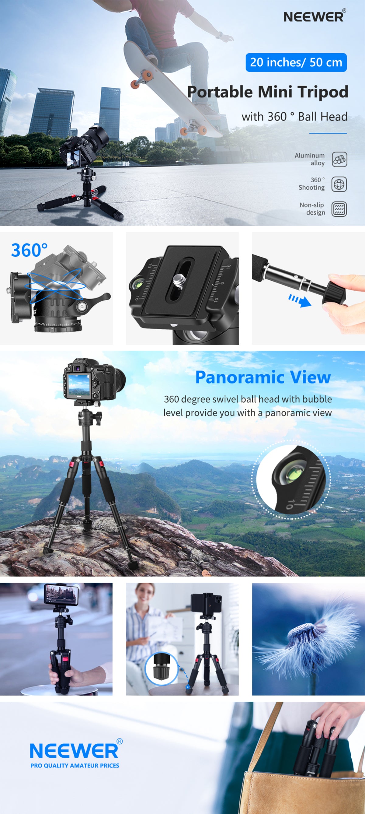 Product overviews of the NEEWER M521 Aluminum Alloy Mini Tripod