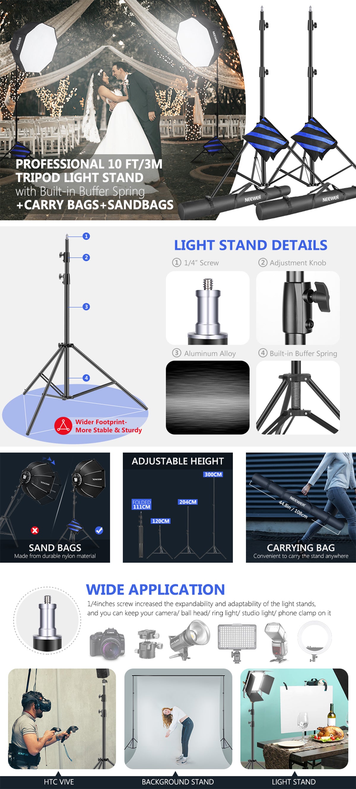 Product overviews of the NEEWER 2 Pack 300cm Light Stand Kit